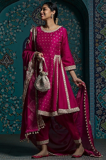 Fuchsia Pink Silk Brocade Gota Embroidered Flared Kurta Set by Monk & Mei at Pernia's Pop Up Shop