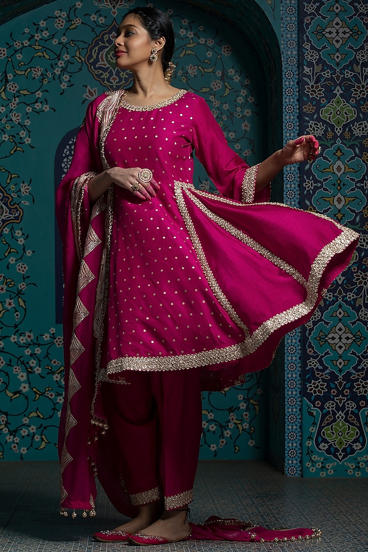 Fuchsia Pink Silk Brocade Gota Embroidered Flared Kurta Set by Monk & Mei at Pernia's Pop Up Shop