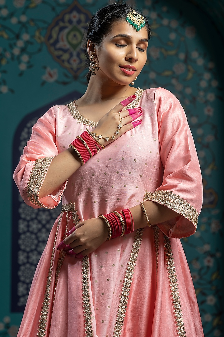 Salmon Pink Silk Brocade Gota Embroidered Flared Kurta Set by Monk & Mei at Pernia's Pop Up Shop