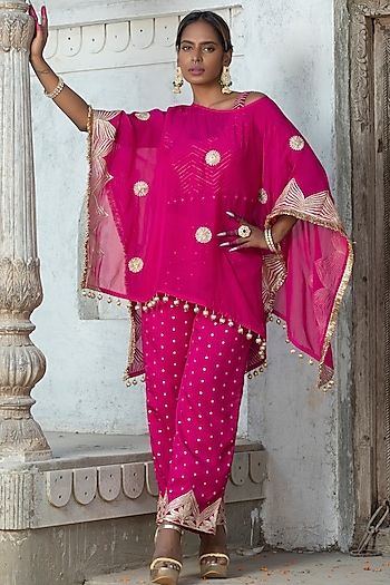 Fuchsia Pink Soft Organza Gota Embroidered Cape Set by Monk & Mei at Pernia's Pop Up Shop