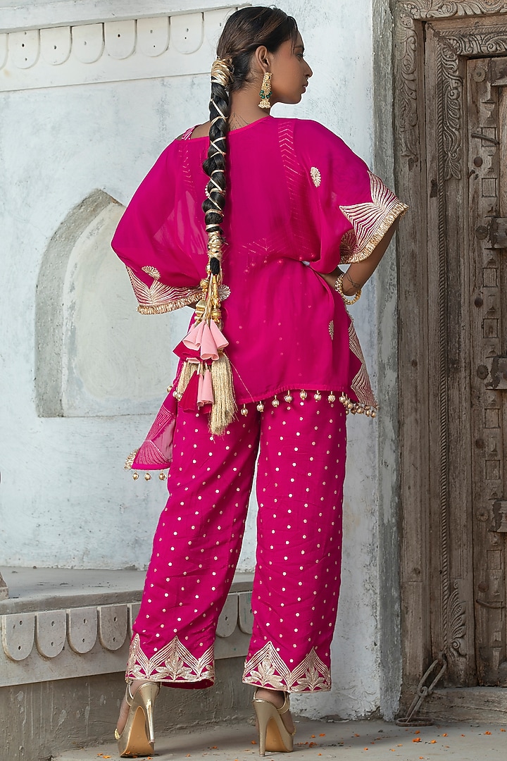 Fuchsia Pink Soft Organza Gota Embroidered Cape Set by Monk & Mei at Pernia's Pop Up Shop