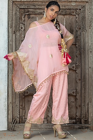 Salmon Pink Soft Organza Gota Embroidered Cape Set by Monk & Mei