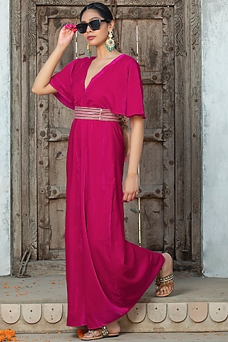 Fuchsia Pink Velvet Gota Embroidered Jumpsuit With Belt by Monk & Mei