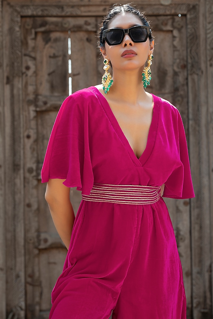 Fuchsia Pink Velvet Gota Embroidered Jumpsuit With Belt by Monk & Mei at Pernia's Pop Up Shop