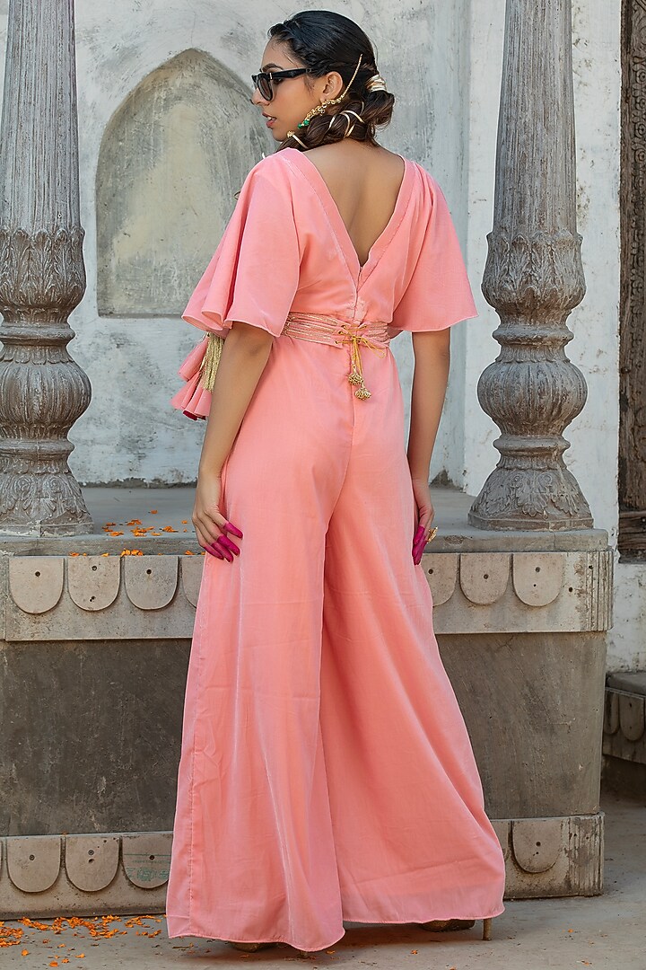 Salmon Pink Velvet Gota Embroidered Jumpsuit With Belt by Monk & Mei at Pernia's Pop Up Shop