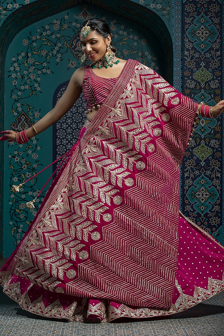 Fuchsia Pink Silk Brocade Gota Embroidered Lehenga Set by Monk & Mei at Pernia's Pop Up Shop