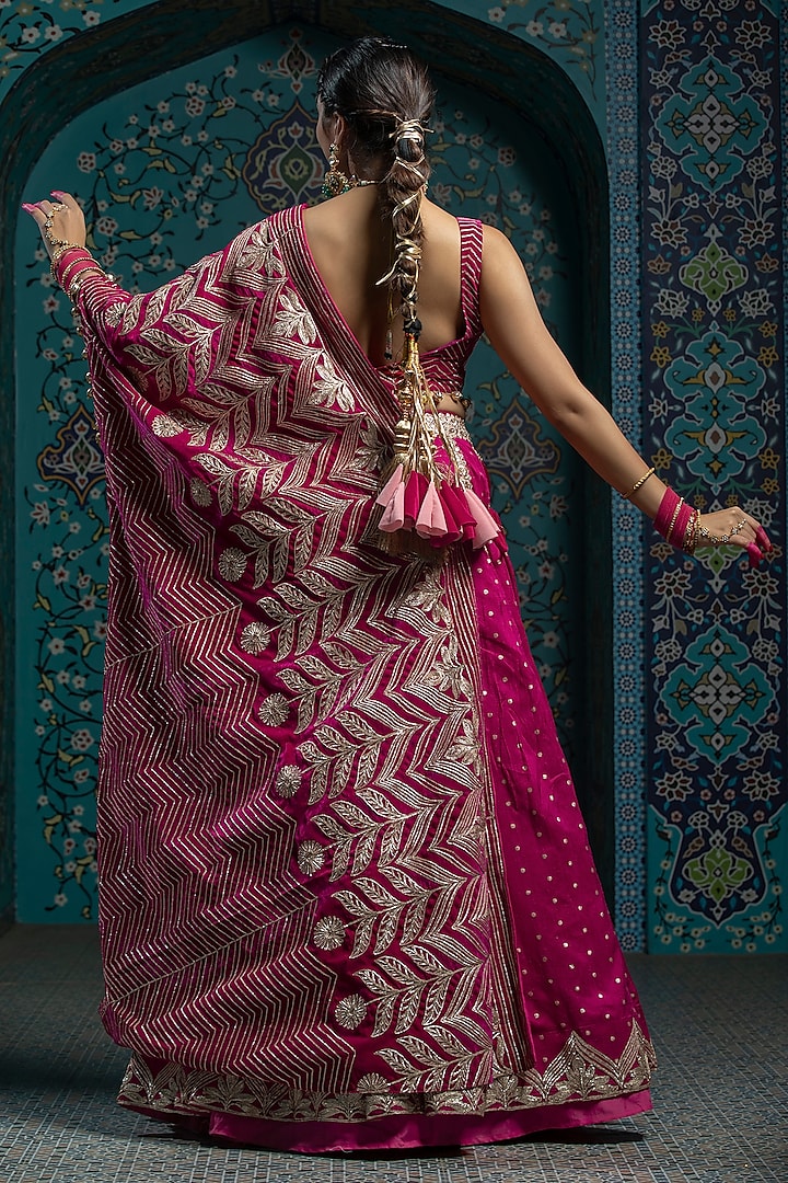 Fuchsia Pink Silk Brocade Gota Embroidered Wedding Lehenga Set by Monk & Mei at Pernia's Pop Up Shop