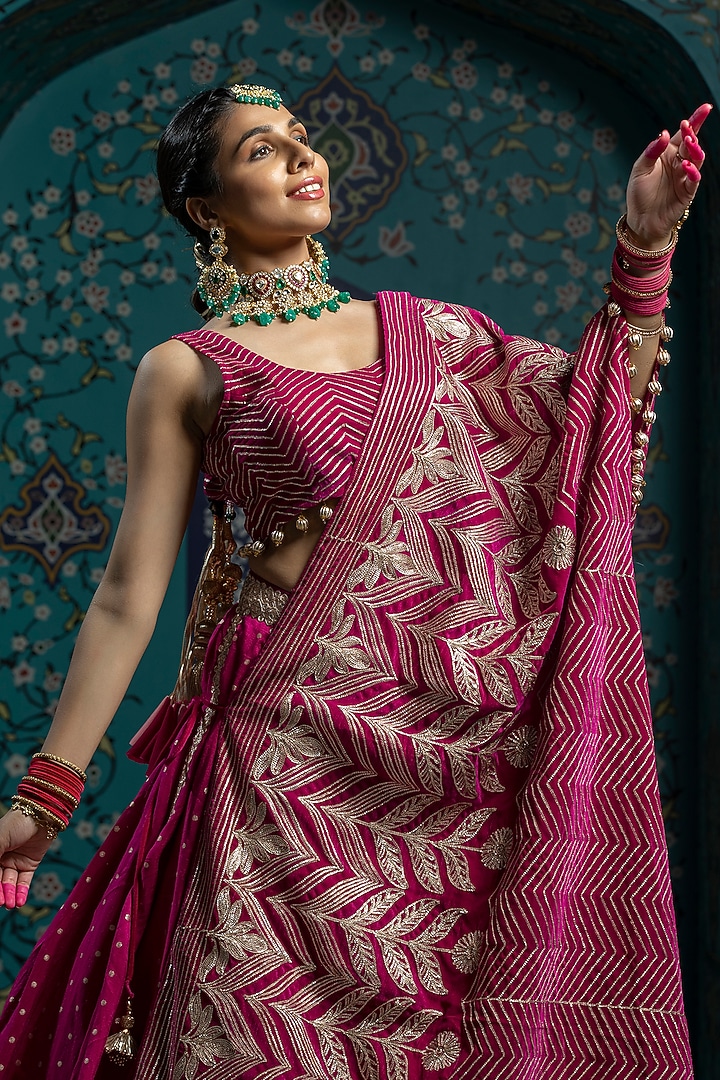 Fuchsia Pink Silk Brocade Gota Embroidered Wedding Lehenga Set by Monk & Mei at Pernia's Pop Up Shop