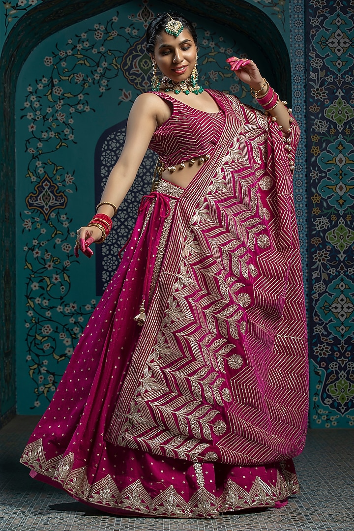 Fuchsia Pink Silk Brocade Gota Embroidered Wedding Lehenga Set by Monk & Mei at Pernia's Pop Up Shop
