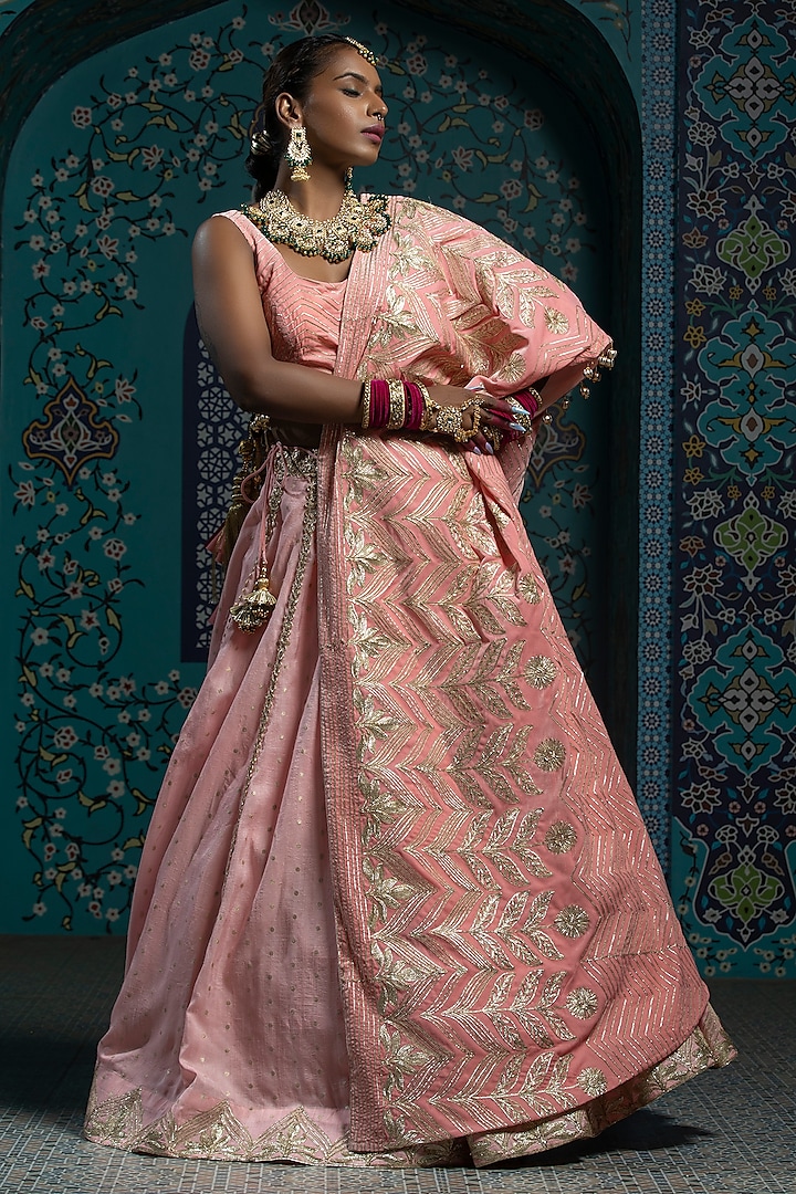 Salmon Pink Silk Brocade Gota Embroidered Lehenga Set by Monk & Mei at Pernia's Pop Up Shop