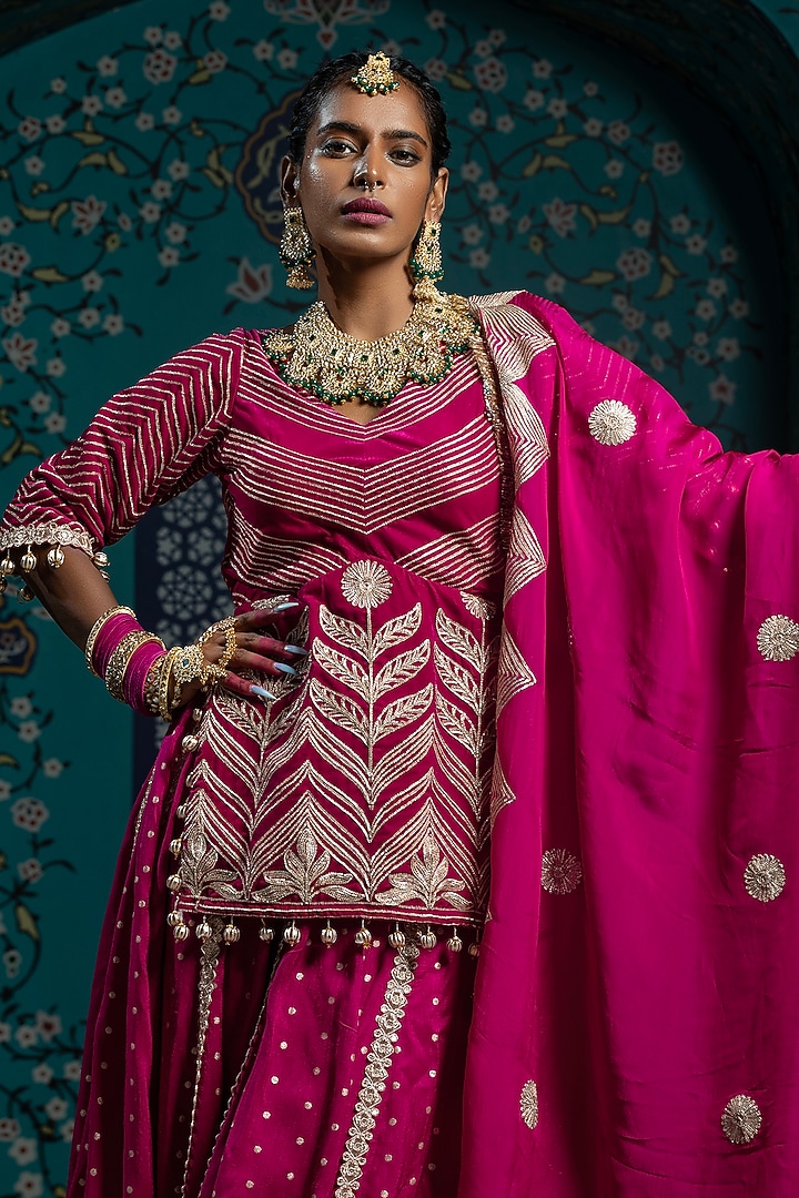 Fuchsia Pink Silk Brocade Gota Embroidered Wedding Lehenga Set by Monk & Mei at Pernia's Pop Up Shop
