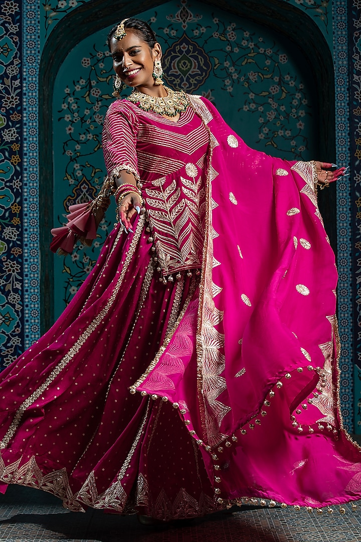 Fuchsia Pink Silk Brocade Gota Embroidered Wedding Lehenga Set by Monk & Mei at Pernia's Pop Up Shop