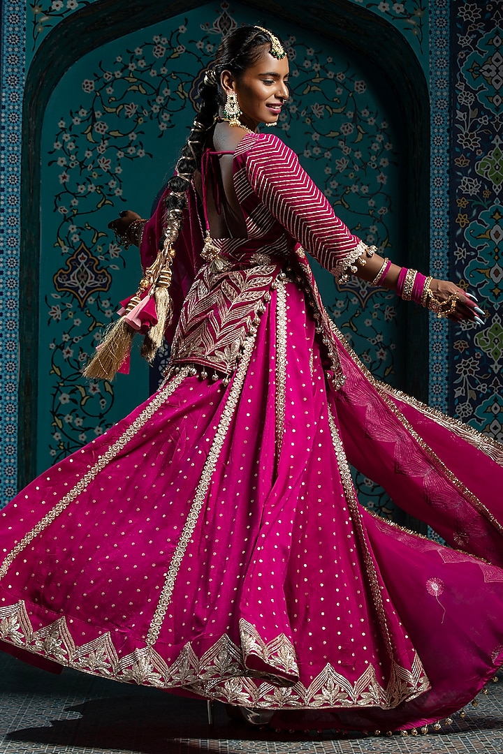 Fuchsia Pink Silk Brocade Gota Embroidered Wedding Lehenga Set by Monk & Mei at Pernia's Pop Up Shop