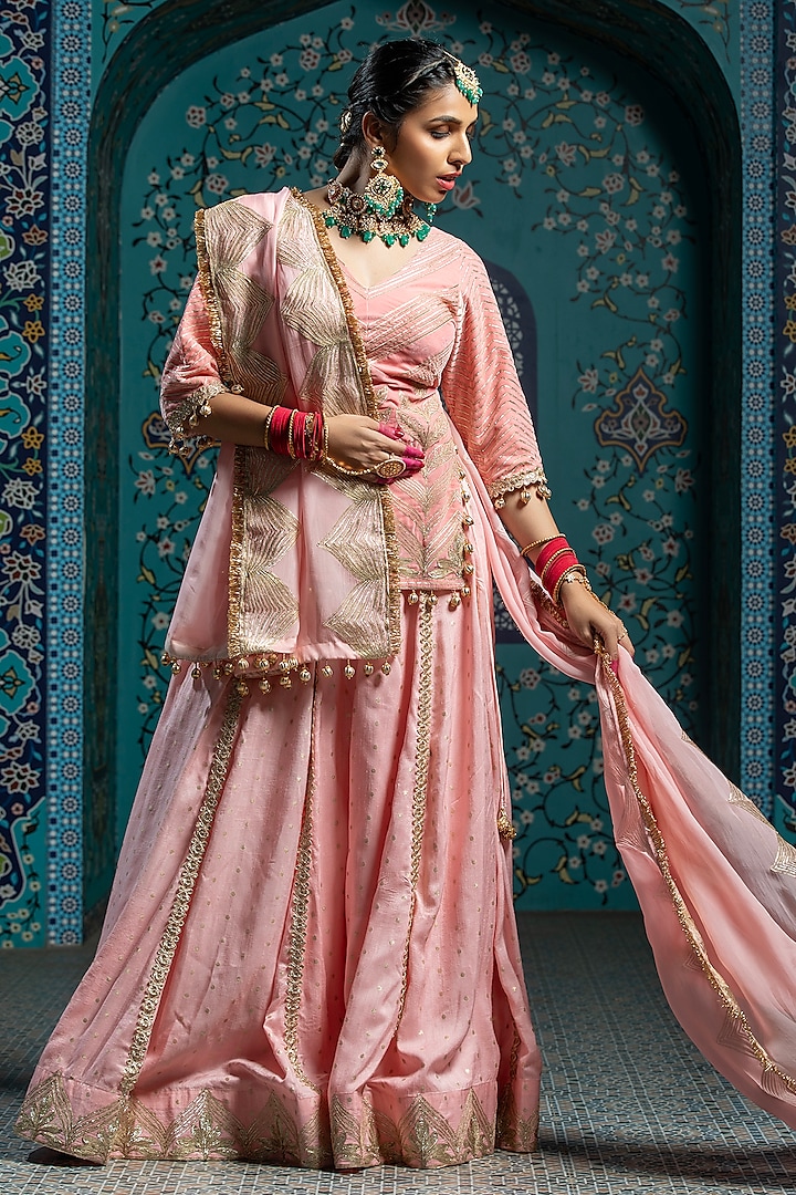 Salmon Pink Silk Brocade Gota Embroidered Wedding Lehenga Set by Monk & Mei at Pernia's Pop Up Shop