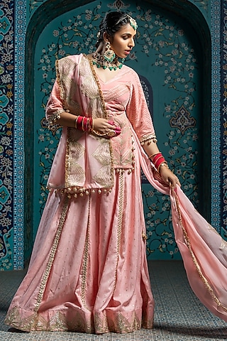 Salmon Pink Silk Brocade Gota Embroidered Lehenga Set by Monk & Mei