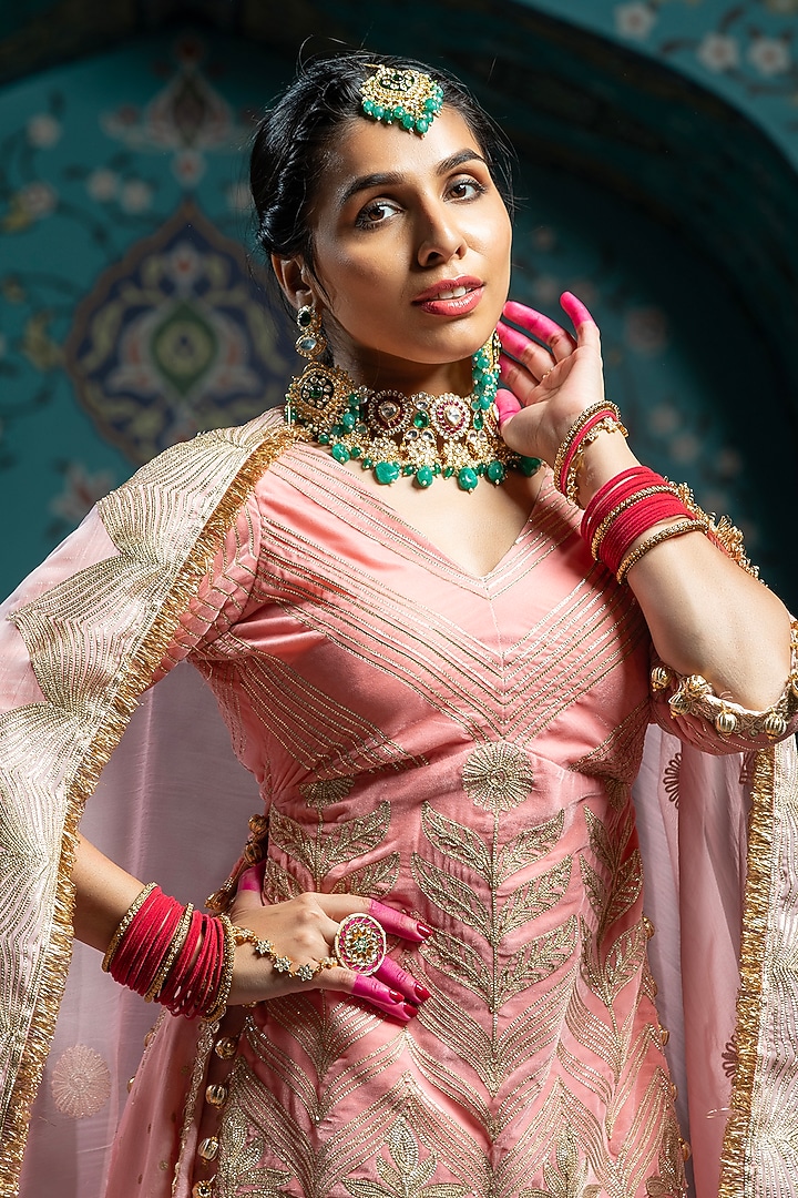 Salmon Pink Silk Brocade Gota Embroidered Wedding Lehenga Set by Monk & Mei at Pernia's Pop Up Shop