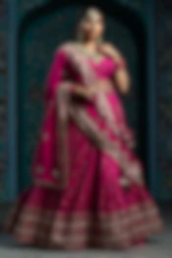 Fuchsia Pink Silk Brocade Gota Embroidered Kalidar Wedding Lehenga Set by Monk & Mei at Pernia's Pop Up Shop