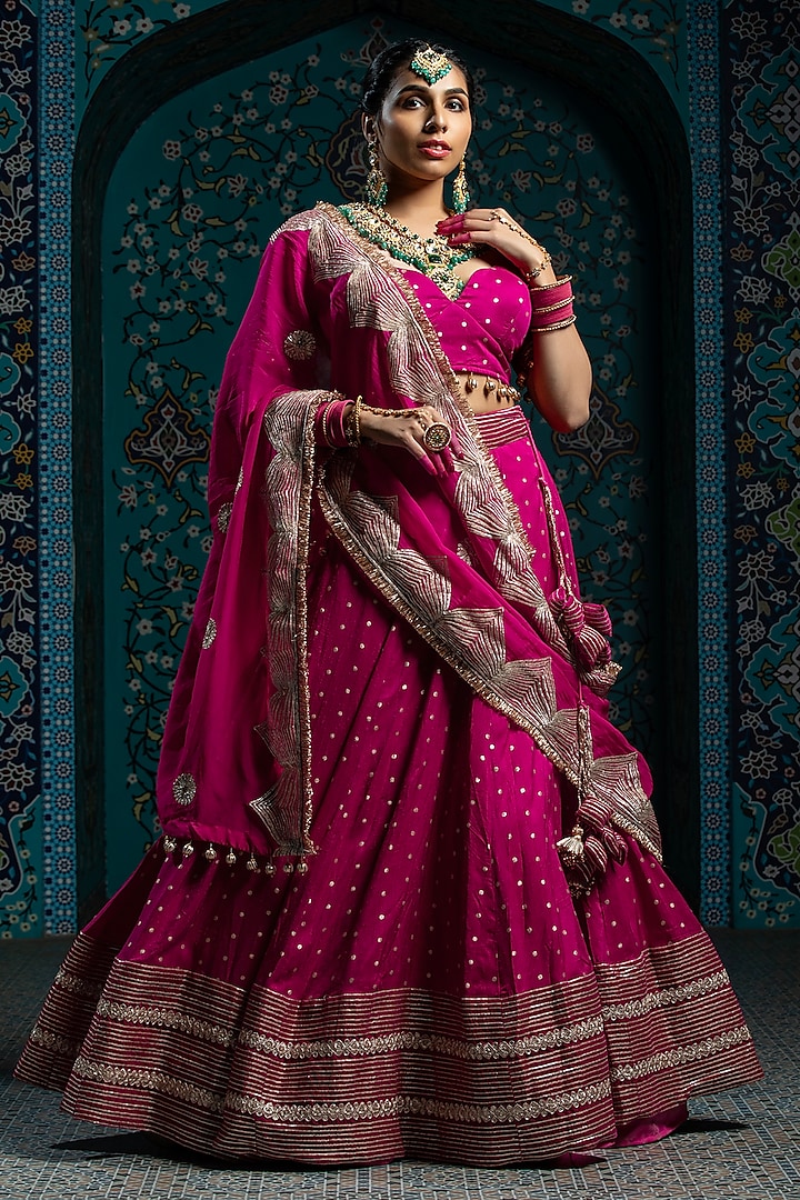 Fuchsia Pink Silk Brocade Gota Embroidered Kalidar Wedding Lehenga Set by Monk & Mei at Pernia's Pop Up Shop