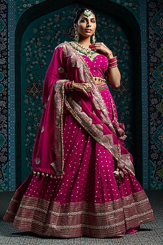 Fuchsia Pink Silk Brocade Gota Embroidered Kalidar Lehenga Set by Monk & Mei