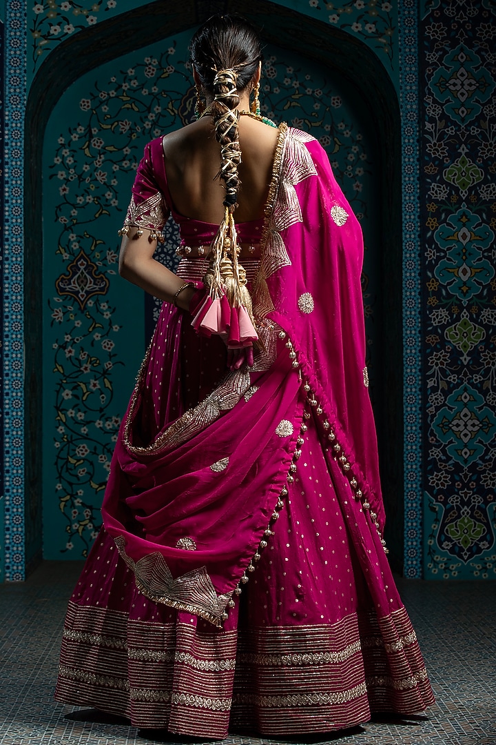 Fuchsia Pink Silk Brocade Gota Embroidered Kalidar Wedding Lehenga Set by Monk & Mei at Pernia's Pop Up Shop