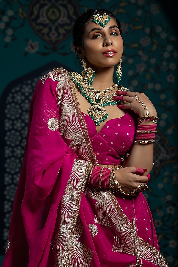 Fuchsia Pink Silk Brocade Gota Embroidered Kalidar Wedding Lehenga Set by Monk & Mei at Pernia's Pop Up Shop
