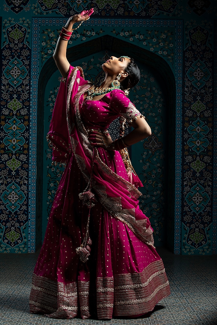 Fuchsia Pink Silk Brocade Gota Embroidered Kalidar Wedding Lehenga Set by Monk & Mei at Pernia's Pop Up Shop