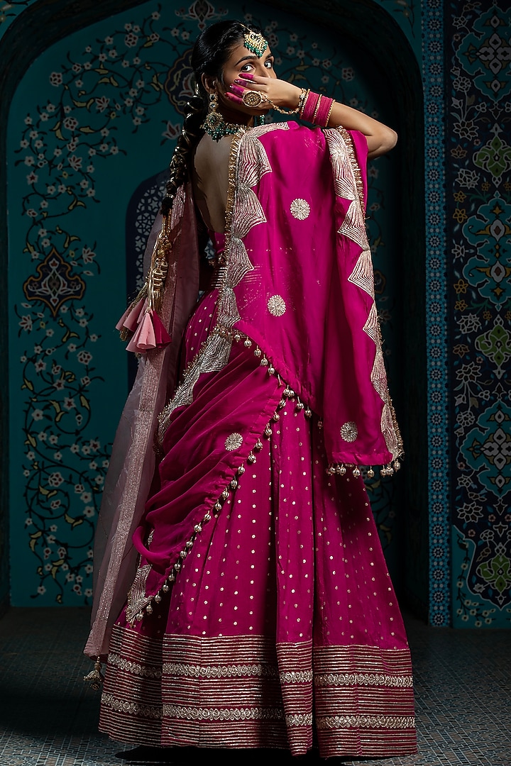 Fuchsia Pink Silk Brocade Gota Embroidered Kalidar Wedding Lehenga Set by Monk & Mei at Pernia's Pop Up Shop