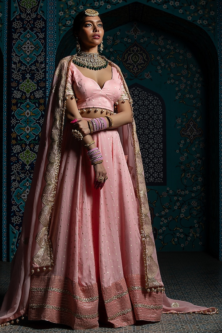 Salmon Pink Silk Brocade Gota Embroidered Kalidar Wedding Lehenga Set by Monk & Mei at Pernia's Pop Up Shop