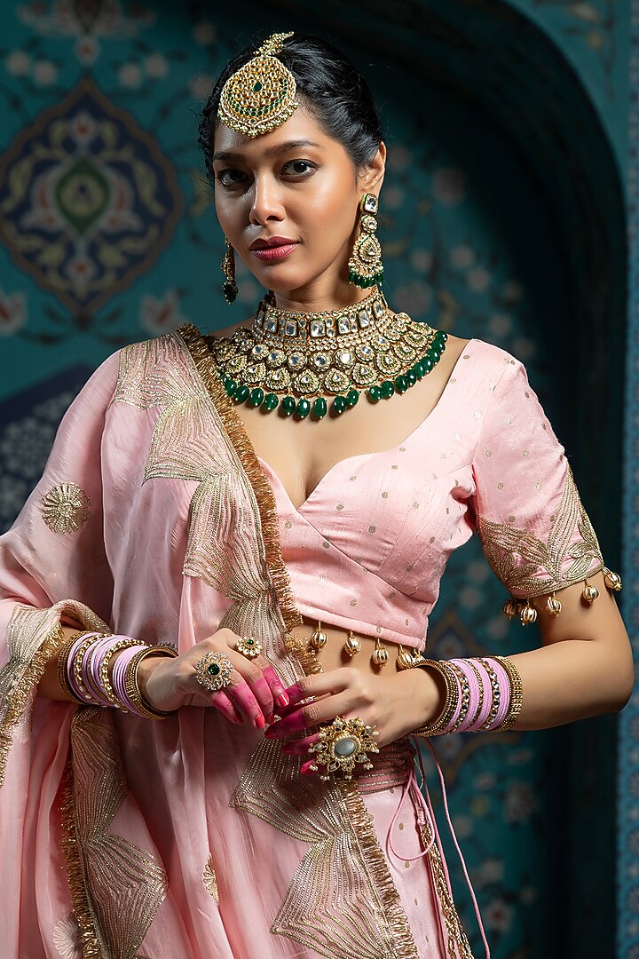 Salmon Pink Silk Brocade Gota Embroidered Kalidar Wedding Lehenga Set by Monk & Mei at Pernia's Pop Up Shop