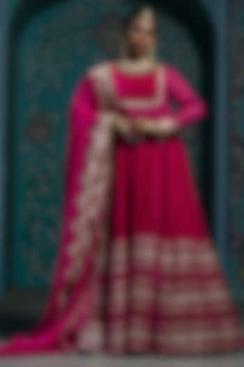 Fuchsia Pink Silk Brocade Gota Embroidered Anarkali Set by Monk & Mei at Pernia's Pop Up Shop