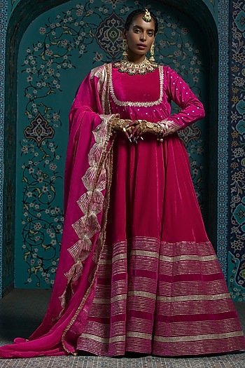 Fuchsia Pink Silk Brocade Gota Embroidered Party Wear Anarkali Set by Monk & Mei at Pernia's Pop Up Shop