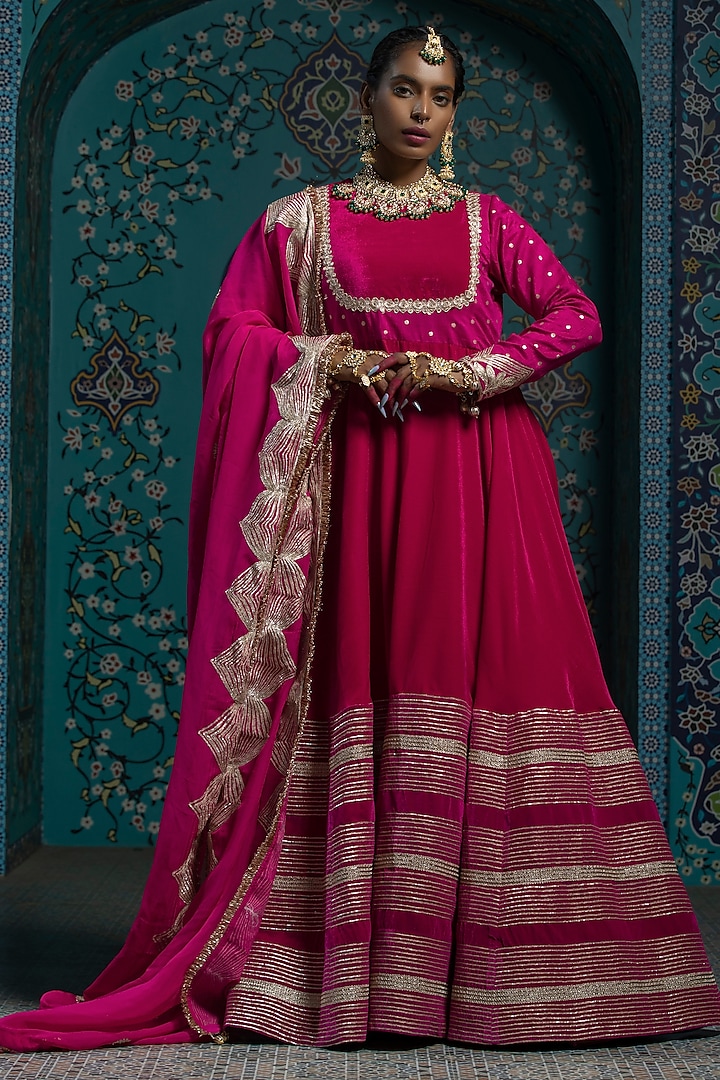 Fuchsia Pink Silk Brocade Gota Embroidered Anarkali Set by Monk & Mei at Pernia's Pop Up Shop