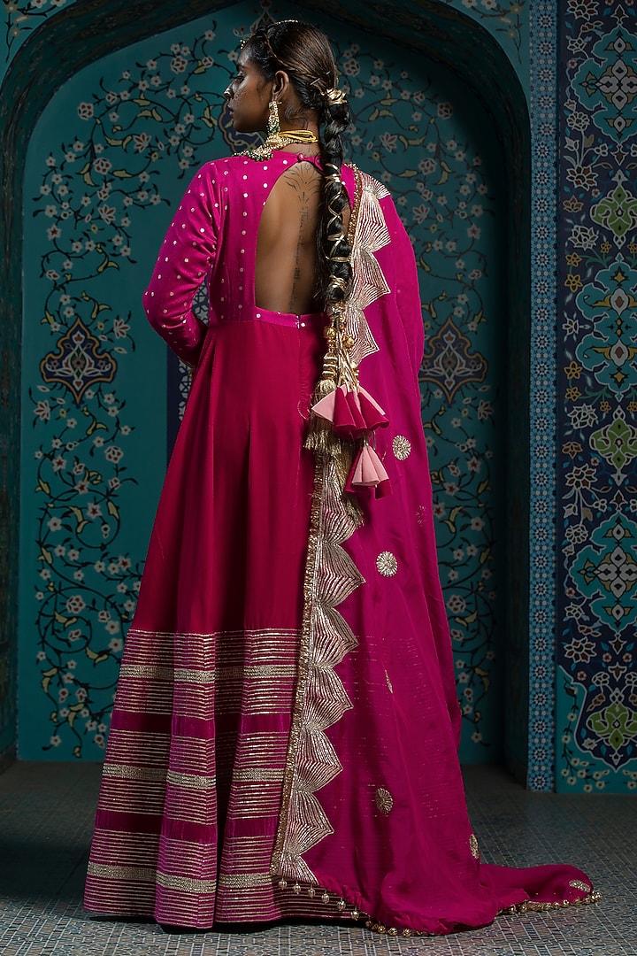 Fuchsia Pink Silk Brocade Gota Embroidered Party Wear Anarkali Set by Monk & Mei at Pernia's Pop Up Shop