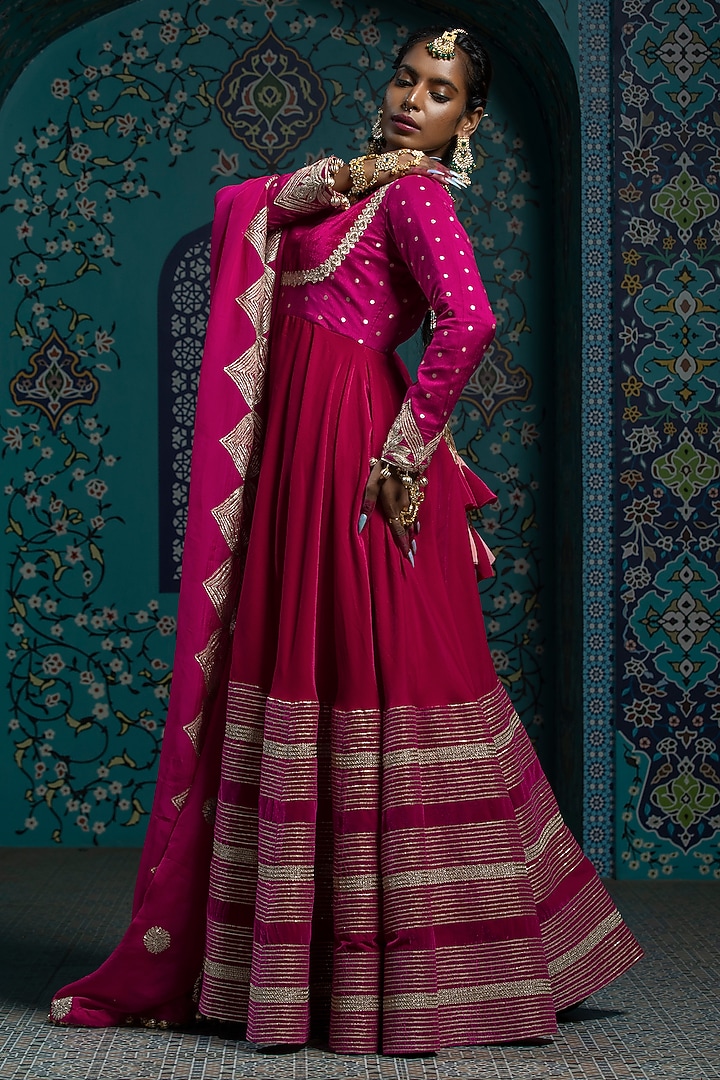 Fuchsia Pink Silk Brocade Gota Embroidered Party Wear Anarkali Set by Monk & Mei at Pernia's Pop Up Shop