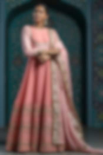 Salmon Pink Silk Brocade Gota Embroidered Anarkali Set by Monk & Mei at Pernia's Pop Up Shop