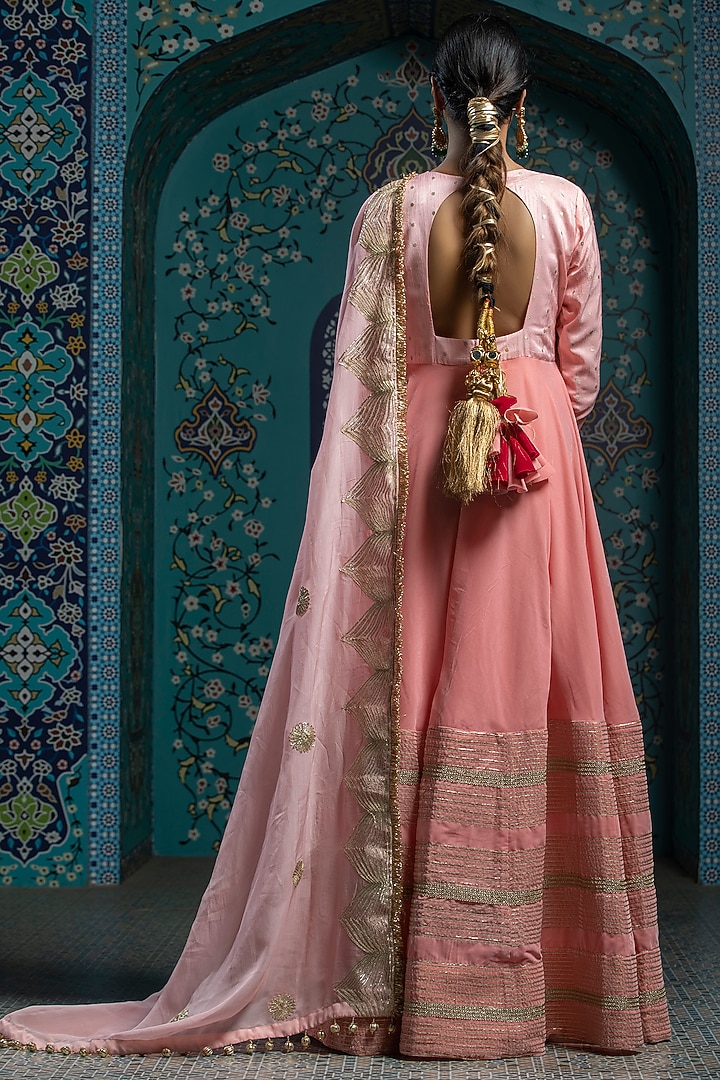 Salmon Pink Silk Brocade Gota Embroidered Party Wear Anarkali Set by Monk & Mei at Pernia's Pop Up Shop