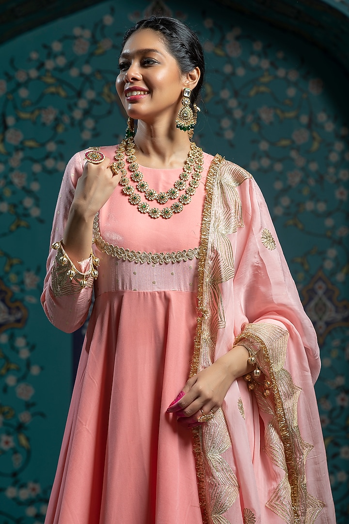 Salmon Pink Silk Brocade Gota Embroidered Party Wear Anarkali Set by Monk & Mei at Pernia's Pop Up Shop