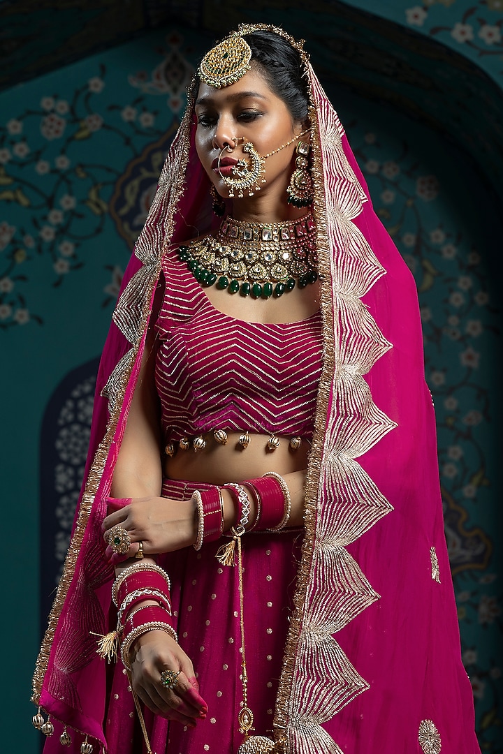 Fuchsia Pink Silk Brocade Gota Embroidered Lehenga Set by Monk & Mei at Pernia's Pop Up Shop
