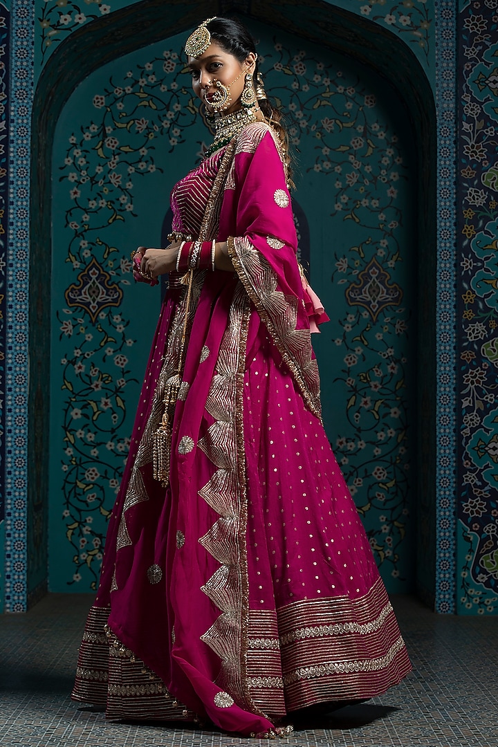 Fuchsia Pink Silk Brocade Gota Embroidered Lehenga Set by Monk & Mei at Pernia's Pop Up Shop