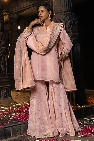 Blush Pink Banarasi Silk Tissue Blend Flared Sharara Set by Monk & Mei
