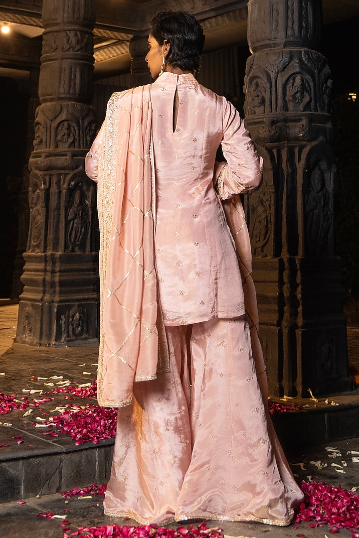 Blush Pink Banarasi Silk Tissue Blend Flared Party Wear Sharara Set by Monk & Mei at Pernia's Pop Up Shop