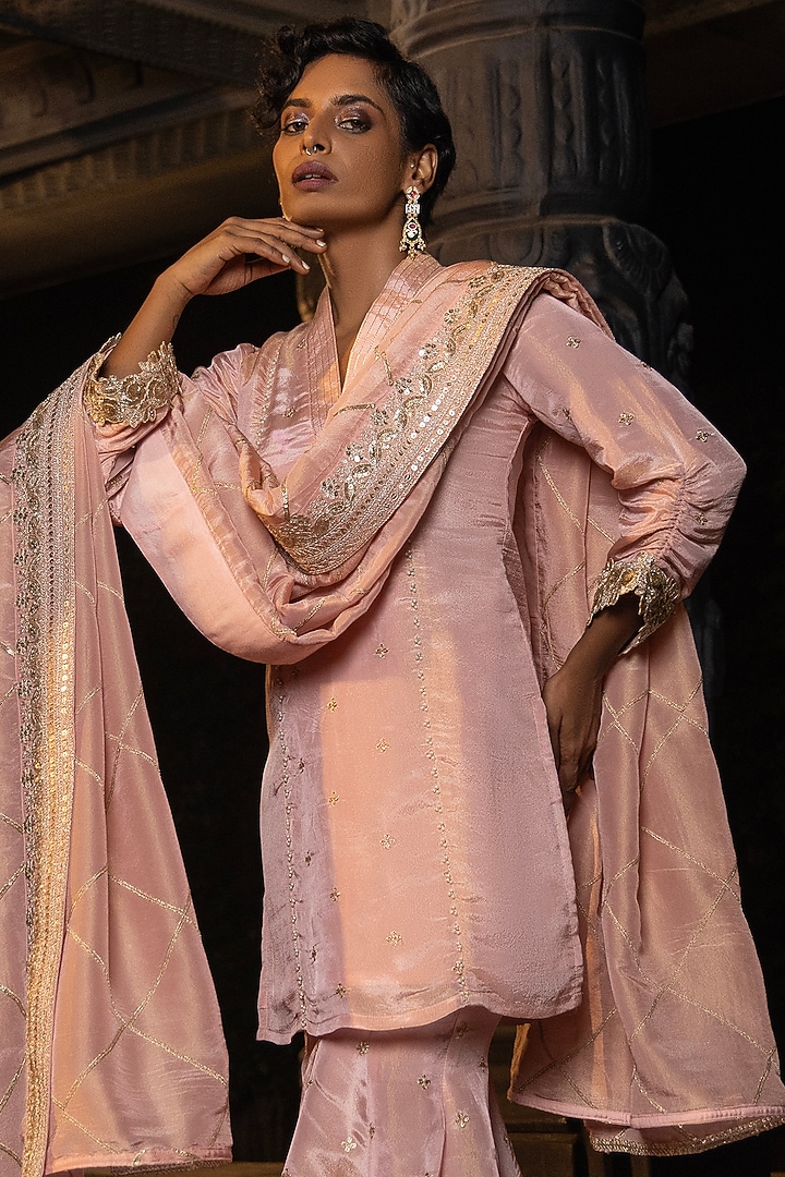 Blush Pink Banarasi Silk Tissue Blend Flared Party Wear Sharara Set by Monk & Mei at Pernia's Pop Up Shop