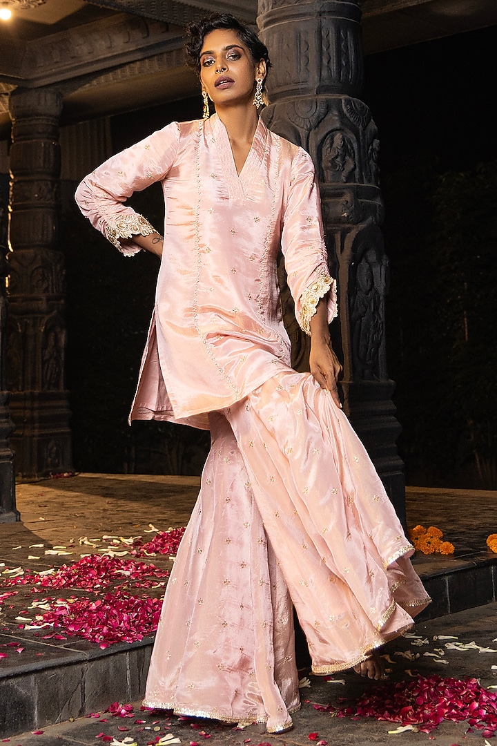 Blush Pink Banarasi Silk Tissue Blend Flared Party Wear Sharara Set by Monk & Mei at Pernia's Pop Up Shop