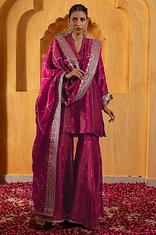Rani Pink Banarasi Silk Tissue Blend Flared Sharara Set by Monk & Mei
