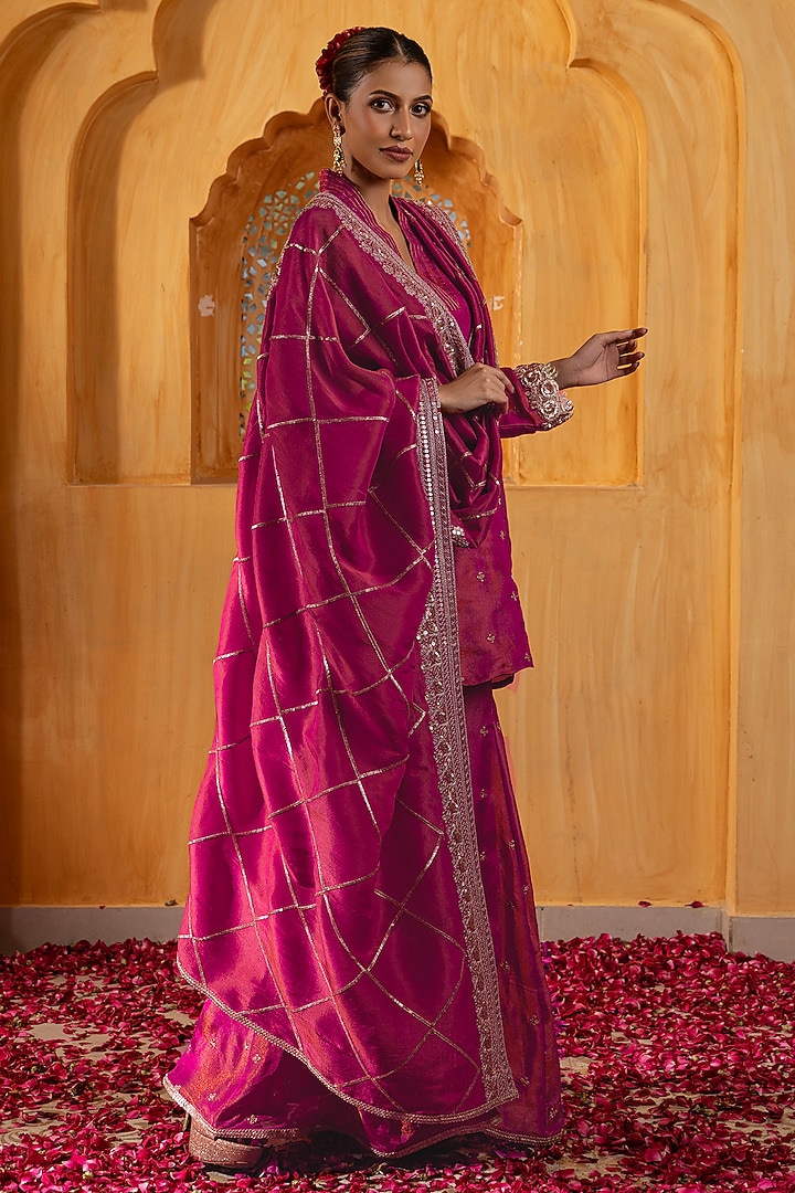 Rani Pink Banarasi Silk Tissue Blend Flared Party Wear Sharara Set by Monk & Mei at Pernia's Pop Up Shop