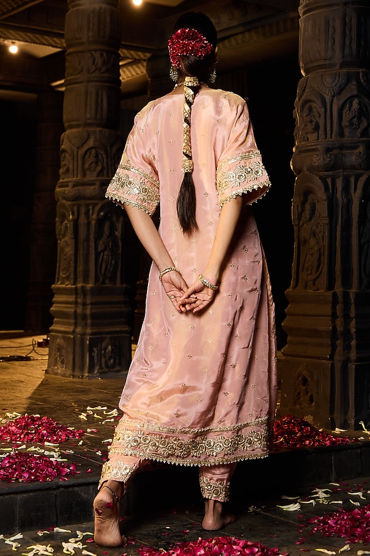 Blush Pink Banarasi Silk Tissue Blend Embroidered Kurta Set by Monk & Mei at Pernia's Pop Up Shop