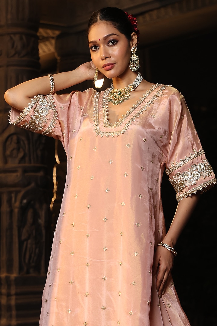 Blush Pink Banarasi Silk Tissue Blend Embroidered Kurta Set by Monk & Mei at Pernia's Pop Up Shop