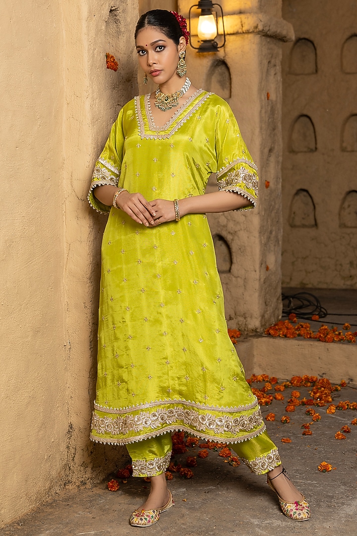 Lime Green Banarasi Silk Tissue Blend Embroidered Kurta Set by Monk & Mei at Pernia's Pop Up Shop