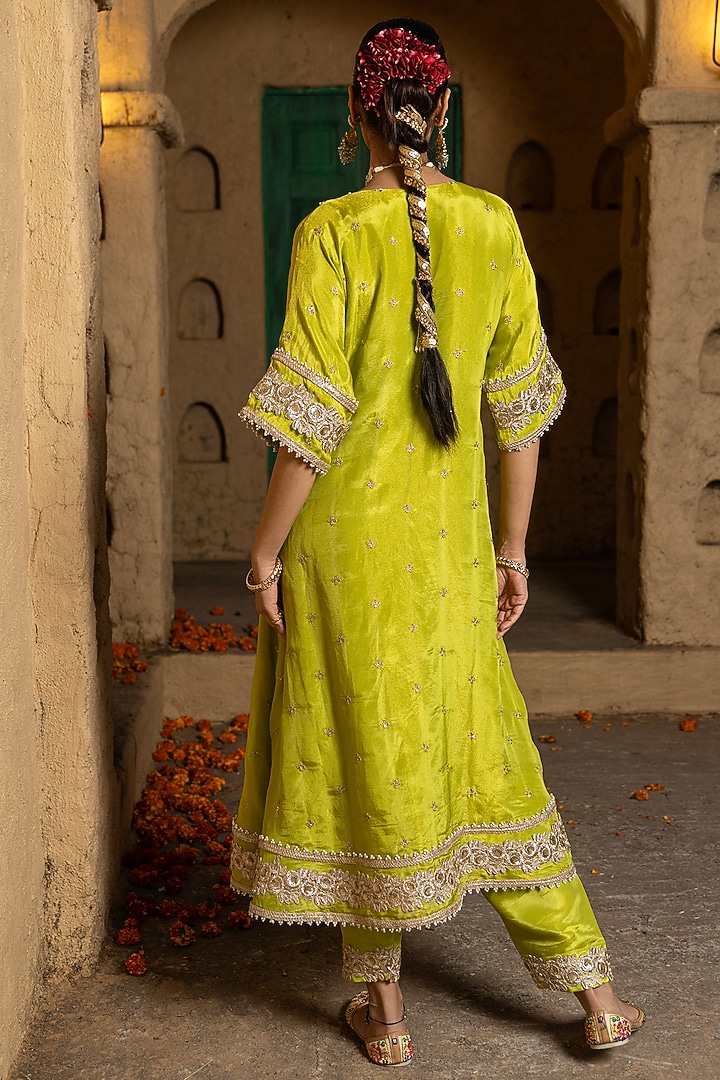 Lime Green Banarasi Silk Tissue Blend Embroidered Kurta Set by Monk & Mei at Pernia's Pop Up Shop