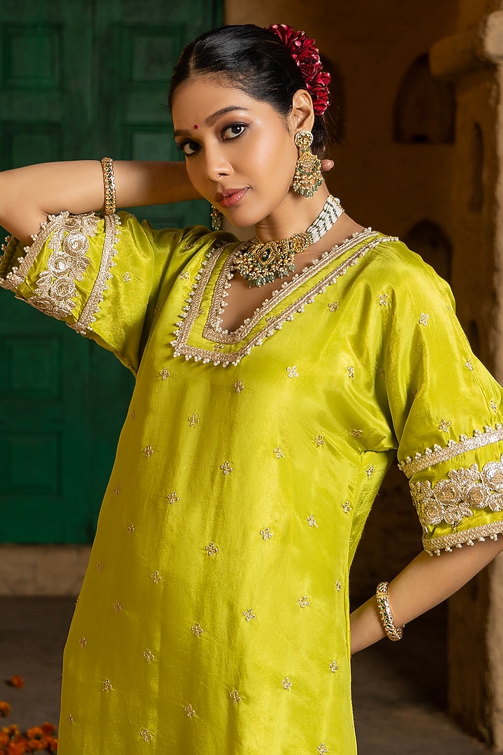 Lime Green Banarasi Silk Tissue Blend Embroidered Kurta Set by Monk & Mei at Pernia's Pop Up Shop